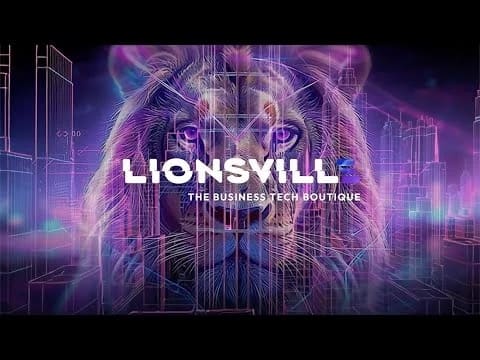 Thumbnail for the Lionsville brand film: a purple neon lion’s face over a city skyline, above the wordmark Lionsville — The Business Tech Boutique.