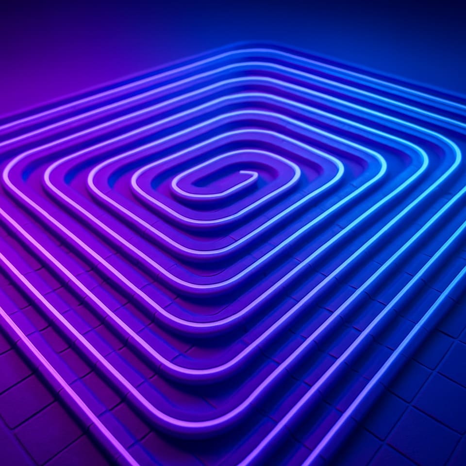 Underfloor heating pipework coiled in concentric loops, lit purple and blue