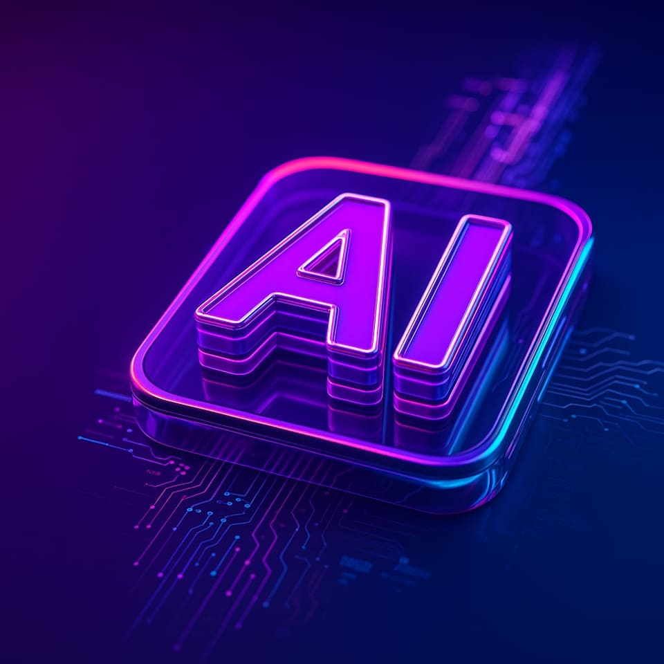 The letters AI rendered in neon on a chip, circuit traces running away from it