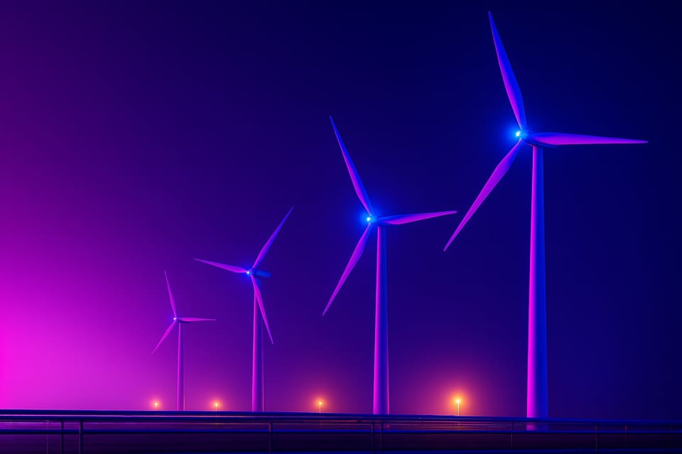 Four wind turbines silhouetted against a magenta and blue night sky