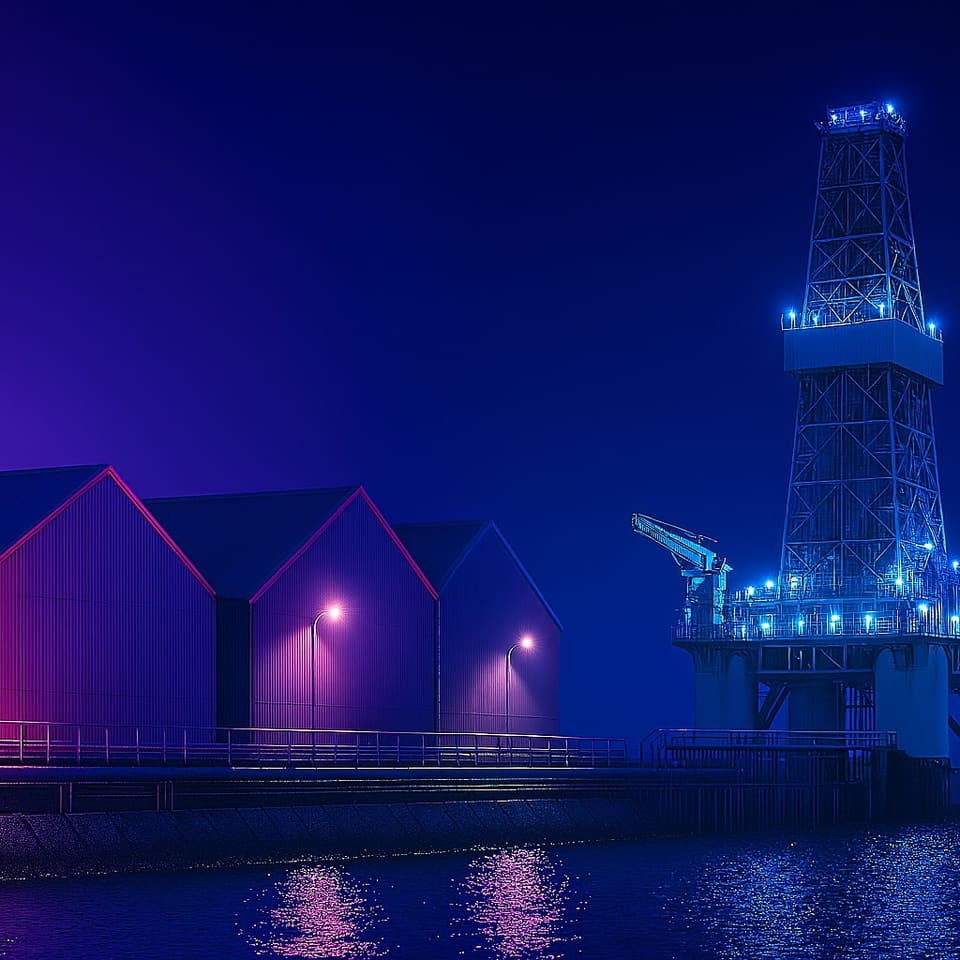 A lit offshore installation beside quayside warehouses at night, reflected in the water