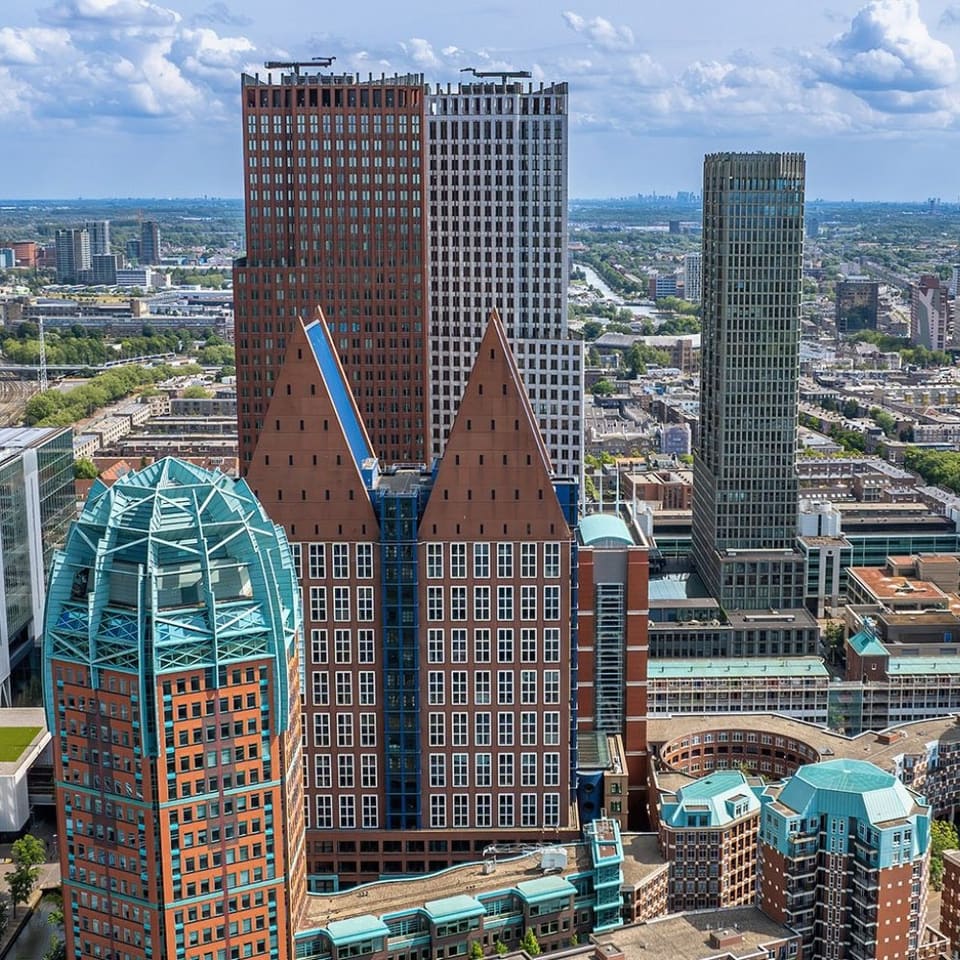 The high-rise towers around The Hague central district, seen from above.