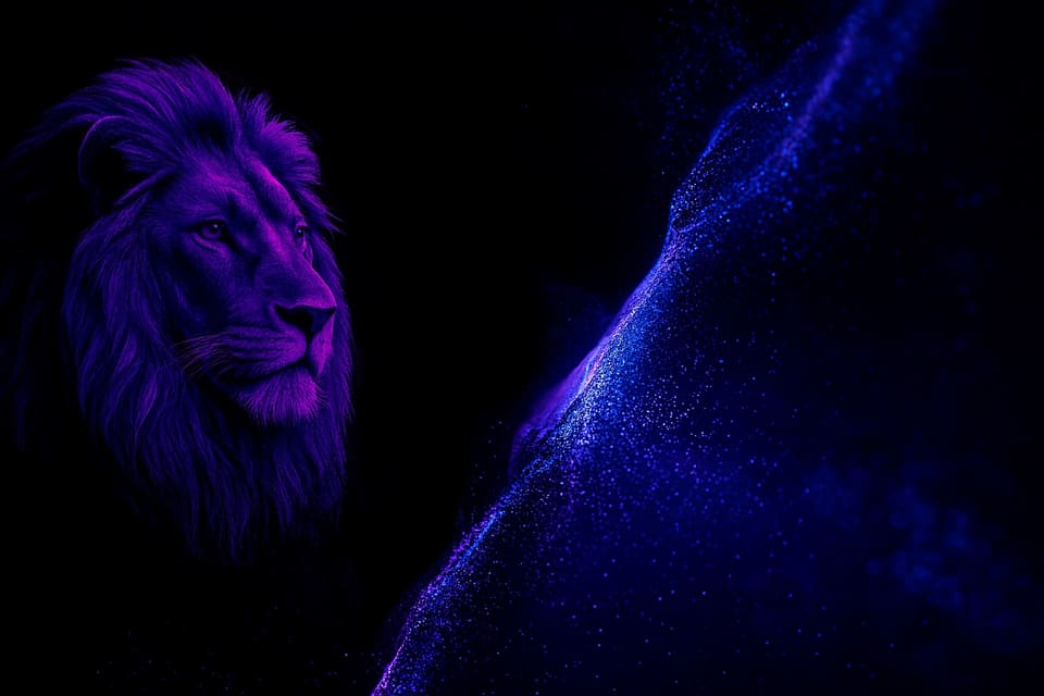 A lion’s head lit deep purple against black, facing right, beside a sweeping wave of blue particles