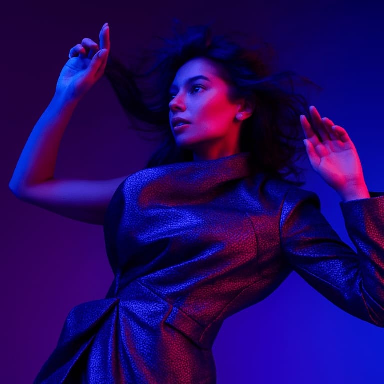A fashion model in a metallic coat, lit by pink and blue studio light