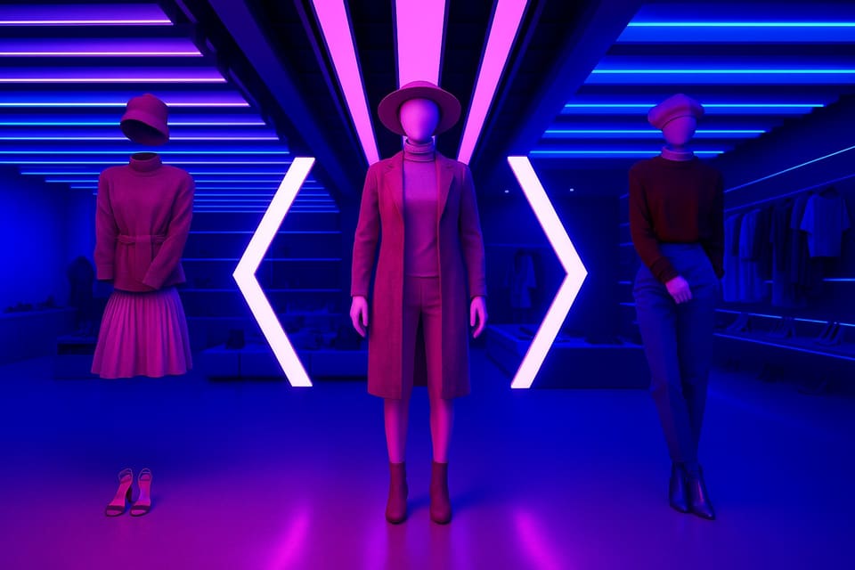 Three mannequins in coats and knitwear in a store lit by pink and blue neon strips
