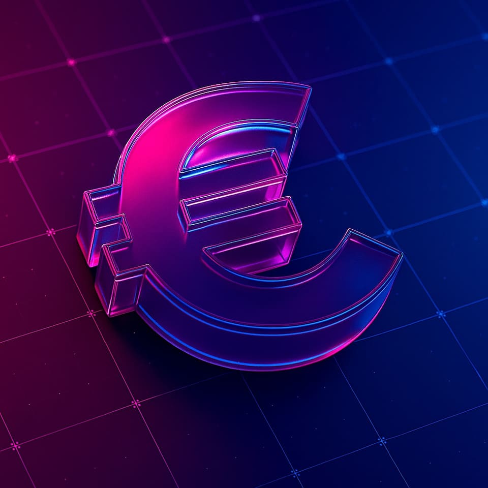 A three-dimensional euro symbol standing on a glowing grid