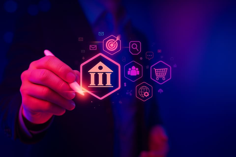A hand holding a stylus, touching a glowing icon of a government building surrounded by public-service icons