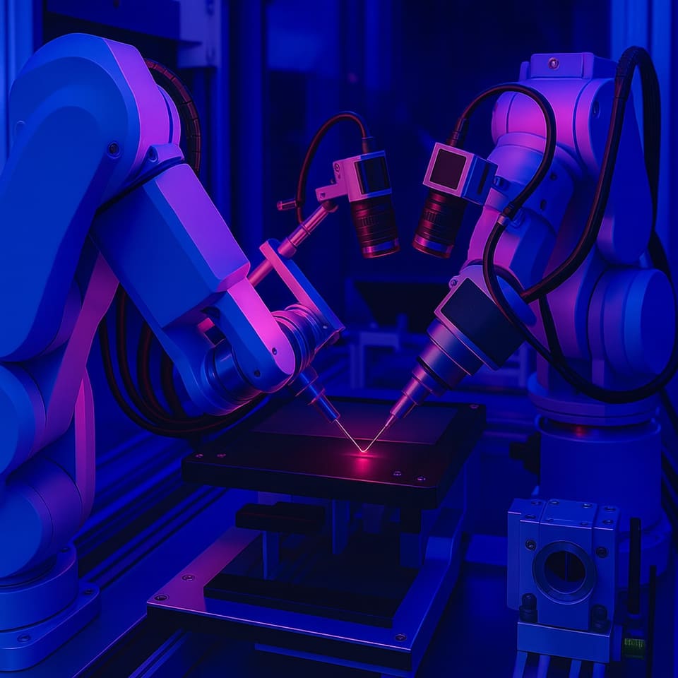 Two robotic arms with mounted cameras working over a component in a production cell