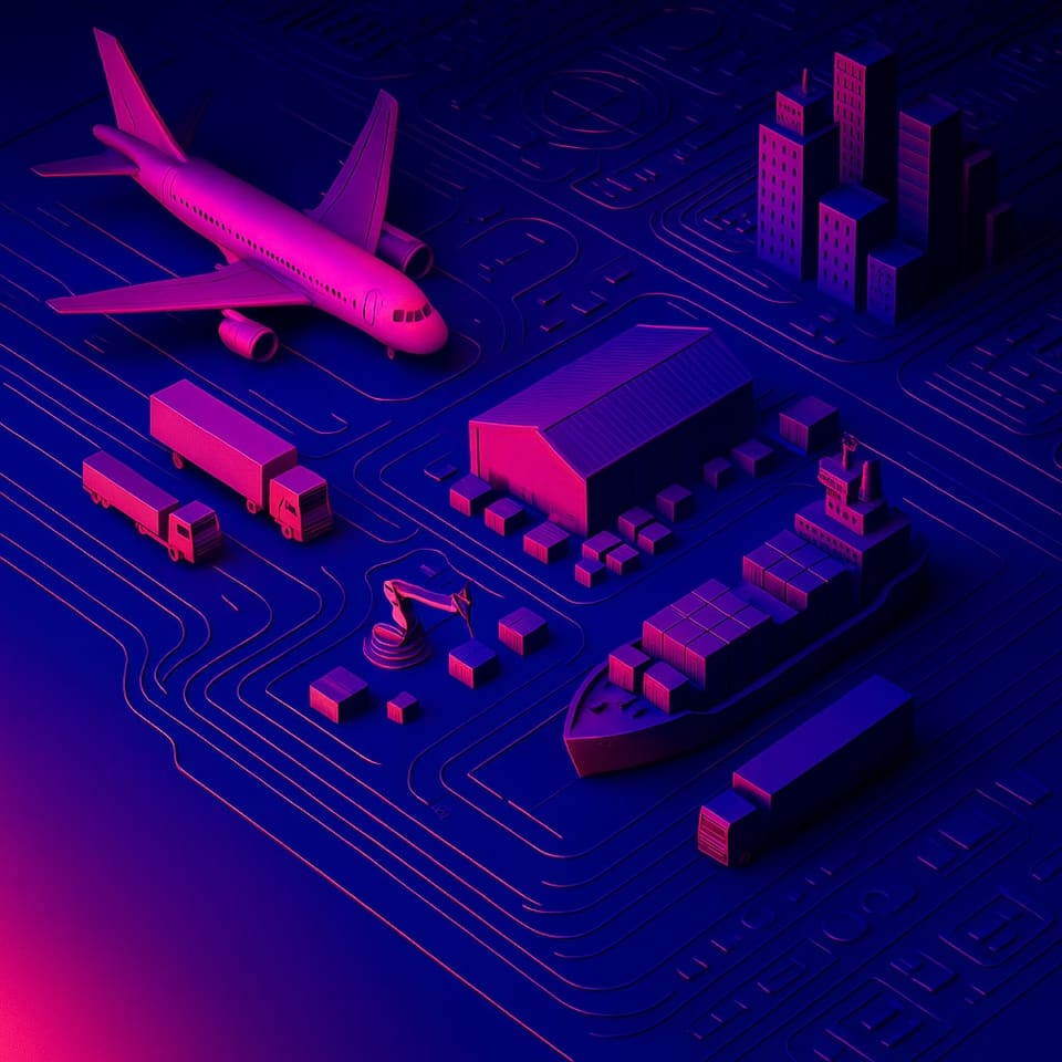 An isometric illustration of an aircraft, trucks, a warehouse and a container ship laid over circuit-board tracks